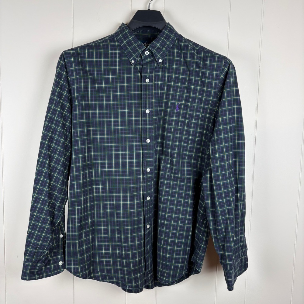 Ralph Lauren Mens Classic Fit Plaid Button Down Shirt Green Navy XL